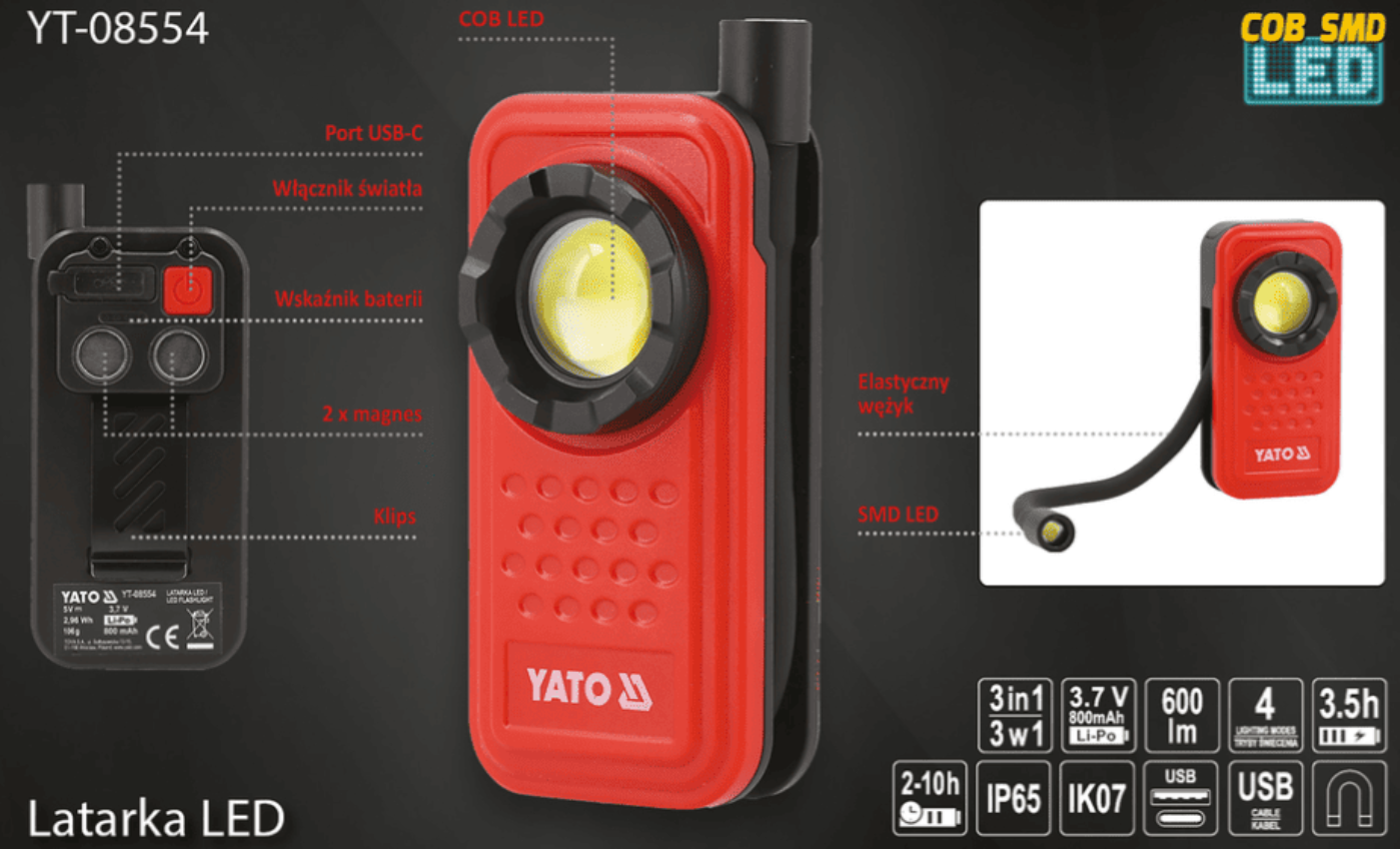 Рабочий магнитный LED фонарь 3в1, 3.7V, 0.8Ah, 600Lm, IP65, USB, YАТО (YT-08554) - купить в каталоге Стант Креп.